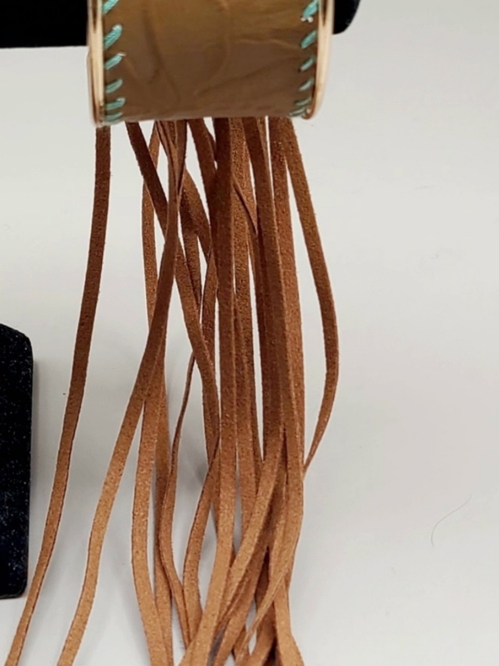 Turquoise Flower Concho Tan Fringe Cuff Bracelet - Picture 6 of 6